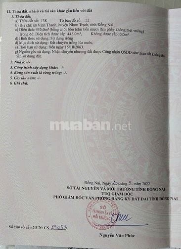 3tr/m2 445m2 đất lúa QH thổ tại Vĩnh Thanh, Nhơn Trạch (tổng: 1 tỷ 335