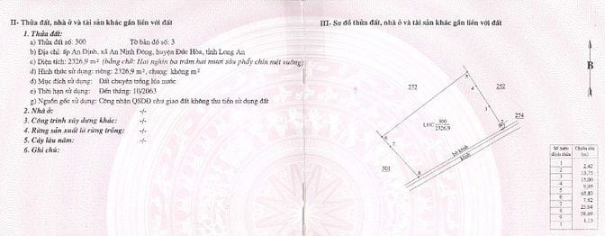 Bán 2.326,9m2 LUA tại ấp An Định, X.An Ninh Đông, H.Đức Hòa, Long An