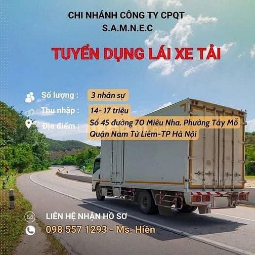 Tuyển Lái Xe Tải 1.25t đến 10 tấn Tại Hà Nội