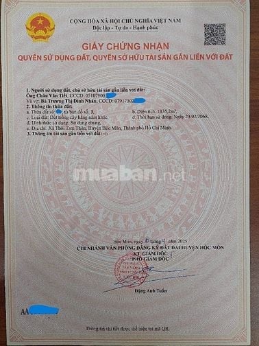 Bán đất ấp Trung Đông, xã Thới Tam Thôn, huyện Hóc Môn