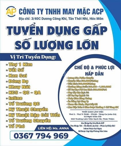 CÔNG TY TNHH MAY MẶC ACP TUYỂN DỤNG SỐ LƯỢNG LỚN
