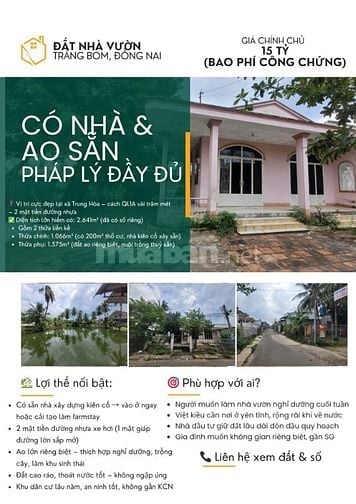 CHÍNH CHỦ BÁN LÔ ĐẤT NHÀ VƯỜN 2 MẶT TIỀN THỔ CƯ TRẢNG BOM - ĐỒNG NAI