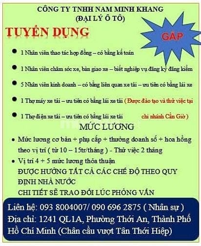 CÔNG TY TNHH NAM MINH KHANG (ĐẠI LÝ Ô TÔ) TUYỂN DỤNG 1 SỐ VỊ TRÍ