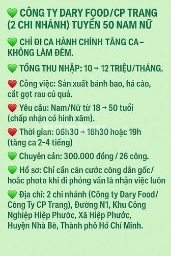 Tuyển công nhân đóng gói thực phẩm KCN Hiệp Phước Nhà Bè
