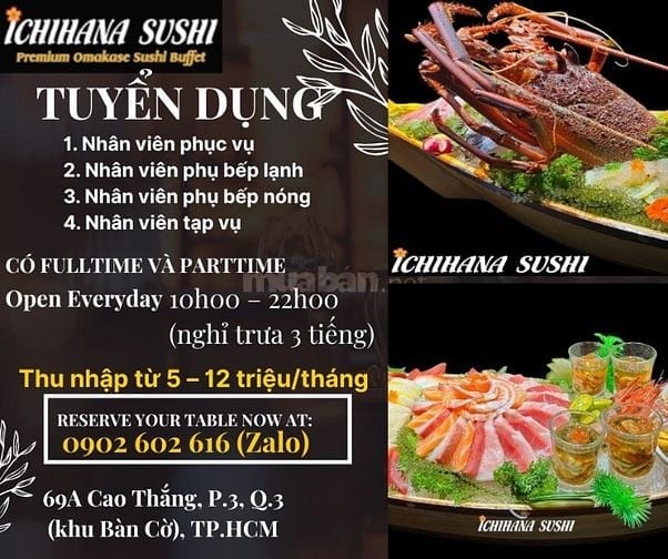 NHÀ HÀNG ICHIHANA SUSHI TUYỂN DỤNG (VỪA HỌC VỪA LÀM) PHỤC VỤ, BẾP NÓN