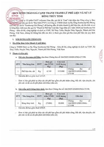 THÔNG BÁO MỜI CHÀO GIÁ CẠNH TRANH THANH LÝ PHẾ LIỆU