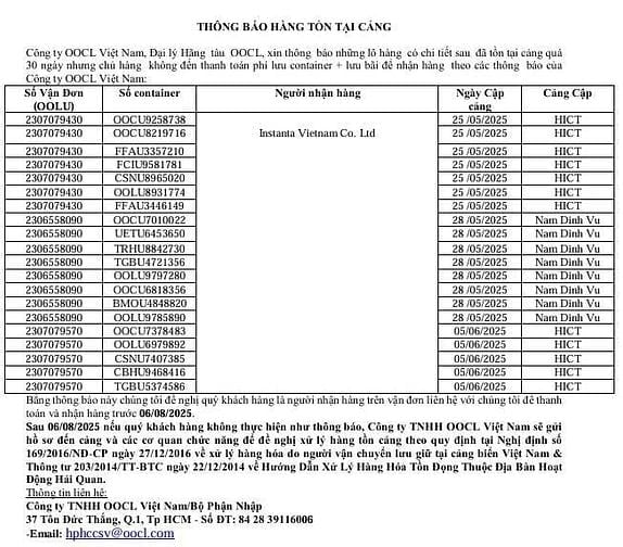 Công ty OOCL Việt Nam thông  báo những lô hàng đã tồn tại quá 30 ngày