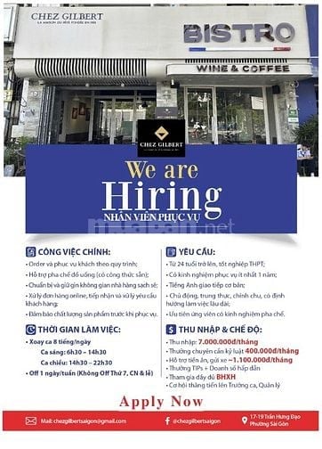 TUYỂN DỤNG NHÂN VIÊN PHỤC VỤ- WE ARE HIRING 