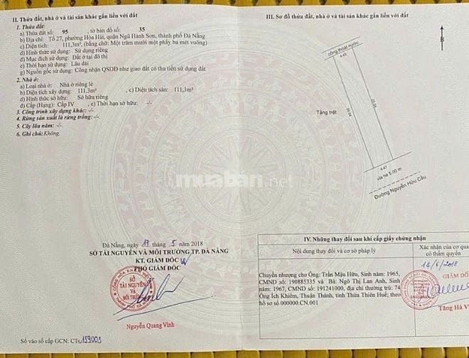 Bán Đất đường Nguyễn Hữu Cầu, 111m2,H:Nam,giá:5,5 ty