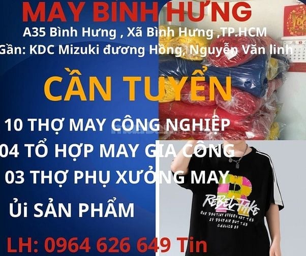 CẦN HỌP TÁC TỔ HỢP MAY GIA CÔNG, TUYỂN 15 CÔNG NHÂN MAY, THỢ PHỤ XƯỞNG