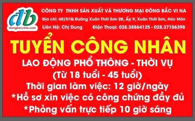 TUYỂN LAO ĐỘNG PHỔ THÔNG - THỜI VỤ GẤP 