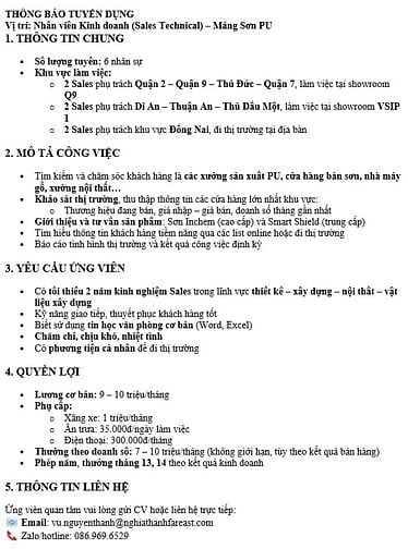 Tuyển nhân viên Kinh Doanh (mảng Sơn Gỗ)