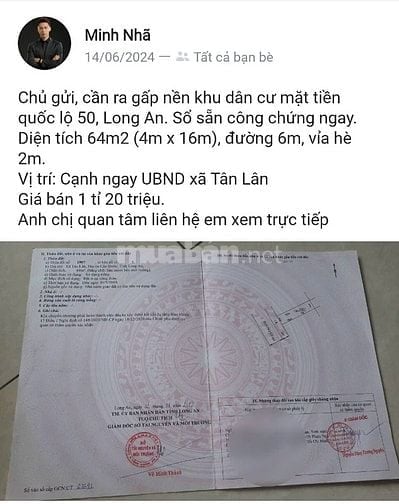 Đất nền mặt tiền quốc lộ 50, chủ kẹt cứng bán nhanh 700tr