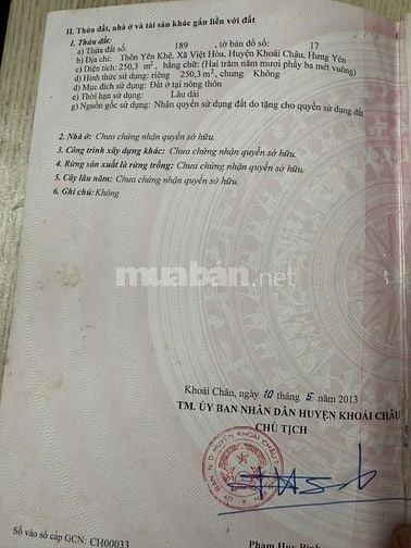 Bán đất ở sử dụng lâu dài tại thôn Yên Khê, xã Việt Hoà, Khoái Châu,