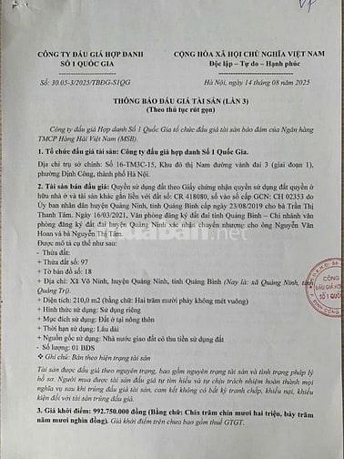 CÔNG TY ĐẤU GIÁ HỢP DANH SỐ 1 QUÔC GIA THÔNG BÁO BÁN ĐẤU GIÁ TÀI SẢN 