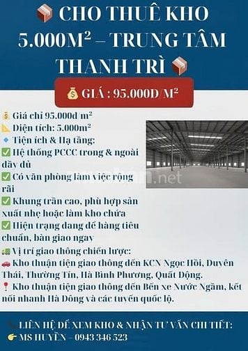 CHO THUÊ KHO 5.000M² – TRUNG TÂM THANH TRÌ