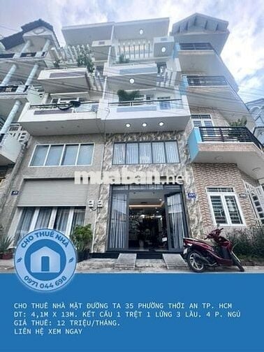 CHO THUÊ NHÀ 3 LẦU GIÁ RẺ MẶT ĐƯỜNG TA 35 P. THỚI AN TP. HCM