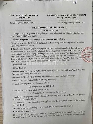 CÔNG TY ĐẤU GIÁ HỢP DANH SỐ 1 QUỐC GIA THÔNG BÁO BÁN ĐẤU GIÁ TÀI SẢN
