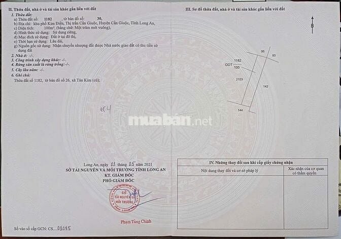 Bán đất thổ cư, diện tích 100 m2 Huyện Cần Giuộc , Long An( cũ)