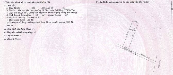 Bán 113m2 ODT tại khu vực Yên Hòa, P.Lê Bình, Q.Cái Răng, TP.Cần Thơ
