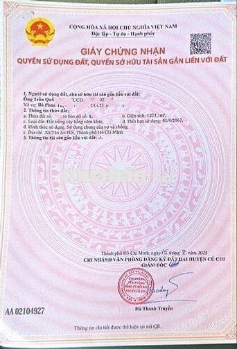 Giá 1tỷ (giá 100%) 1223m2 (20x60), SHR, ngay KCN Tây Bắc Củ Chi