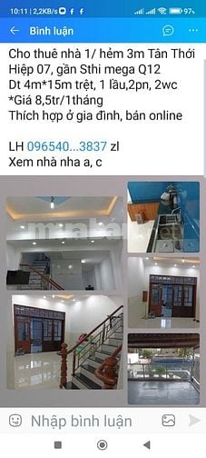 Cho thuê nhà 1/  cách 5 căn tới nhà hẻm đối diện metro ,thuận tiện mọi