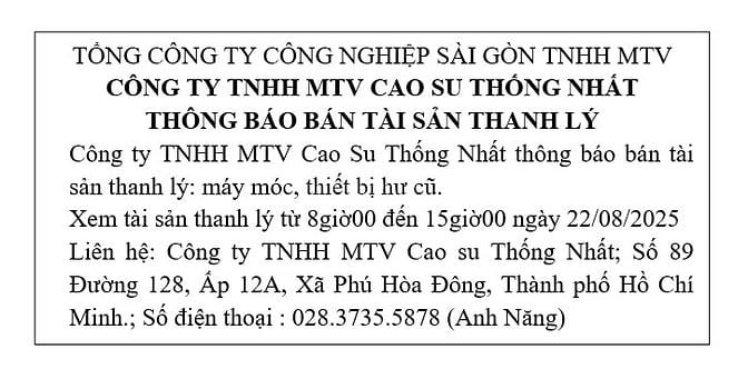 CÔNG TY TNHH MTV CAO SU THỐNG NHẤT THÔNG BÁO BÁN TÀI SẢN THANH LÝ