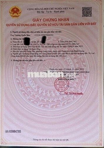 chính chủ cần bán lô đất dt:664,5m2 Hưng Định Thuân An