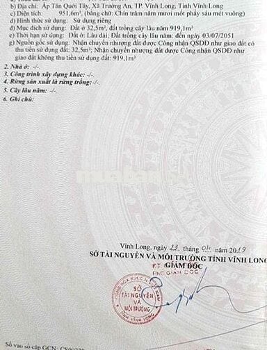 CẦN BÁN ĐẤT MẶT TIỀN LỘ 20M CÓ ÍT THỔ CƯ, ĐƯỜNG NHỰA HL TRƯỜNG AN