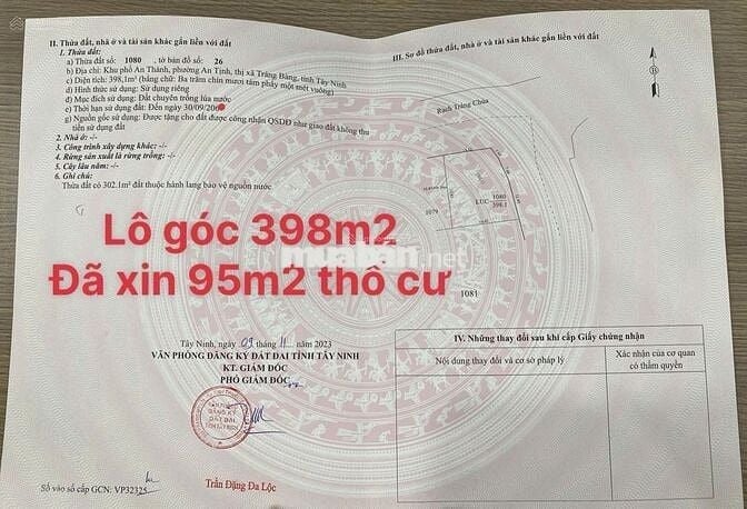 Bánđất thổ vườn 400m2 ngay TT Trảng Bàng, Tây Ninh. SHR, giá 900tr