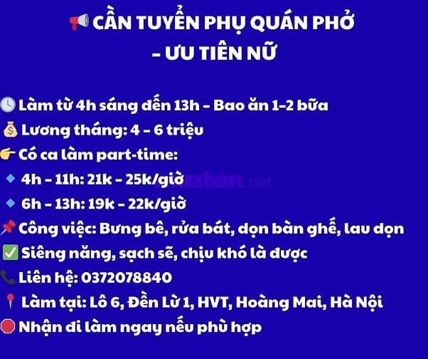 Tuyển người phụ hàng phở tại Đền Lừ - Hà Nội