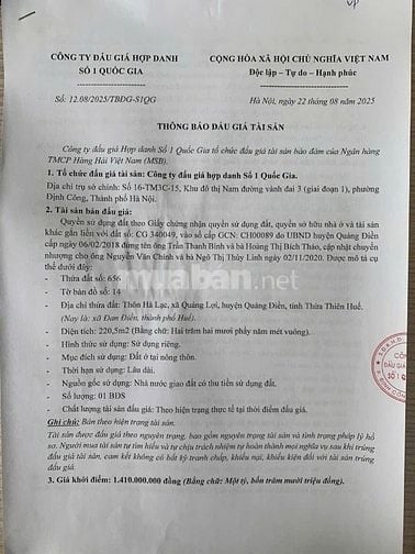 Công ty đấu giá hợp danh Số 1 Quốc Gia thông báo bán đấu giá tài sản 