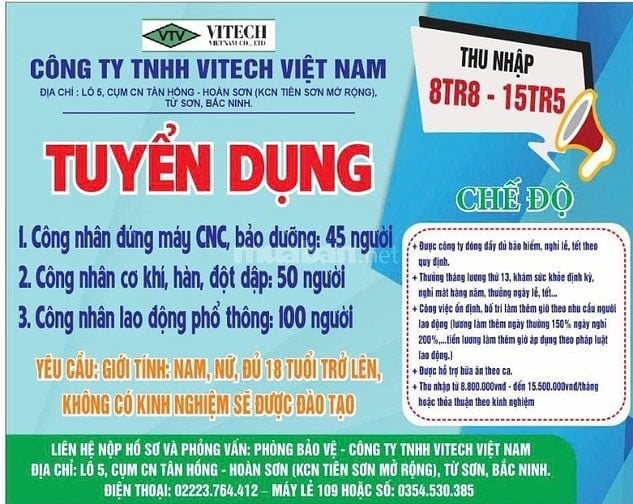 Công nhân lao động phổ thông làm việc tại Từ Sơn - Bắc Ninh