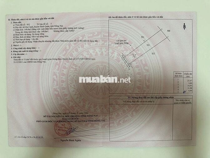 Chính chủ bán 149m2 đất thổ cư Định Quán 850tr