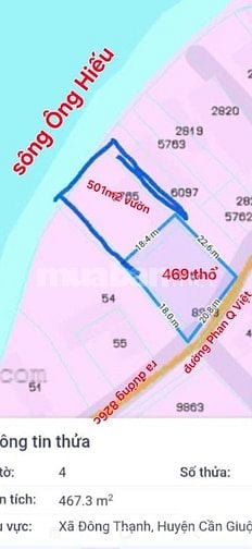 970m2 có 469m2 thổ, 2MT, 1MT đường,1MT sông Ông Hiếu, Đông Thạnh,CG