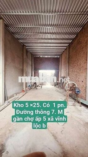 Kho Rẻ 5 ×25 cho Thuê  Mặt Tiền Gần chợ Ấp 5 xã vĩnh lộc b