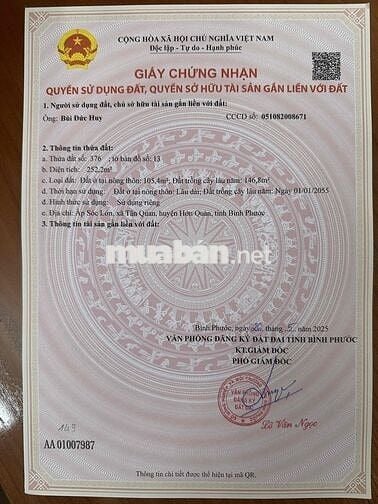 Bán gấp đất thổ cư xã tân quan, hớn quản, giá mềm gần dân