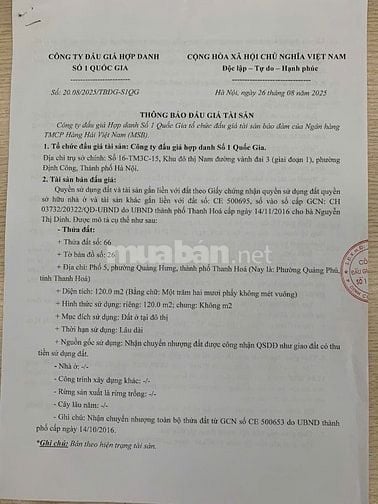 CÔNG TY ĐẤU GIÁ HỢP DANH SỐ 1 QUỐC GIA THÔNG BÁO BÁN ĐẤU GIÁ TÀI SẢN