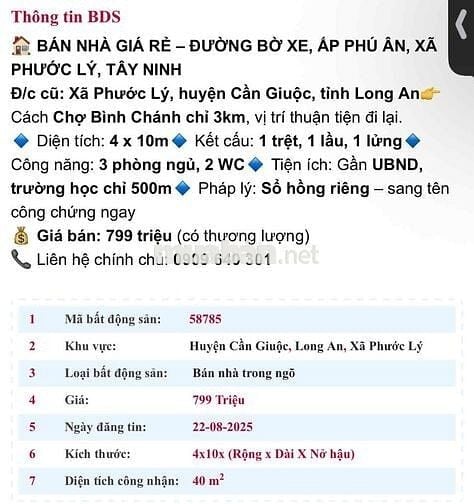 BÁN NHÀ GIÁ RẺ - ĐƯỜNG BỜ XE, ẤP PHÚ ÂN, XÃ PHƯỚC LÝ, TÂY NINH