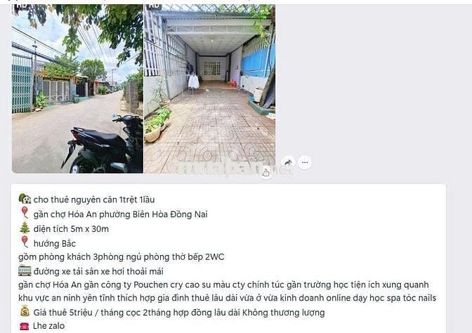 CHO THUÊ NHÀ PHƯỜNG BIÊN HOÀ GIÁ 5 TRIỆU