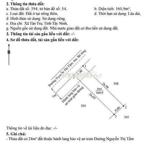 Bán gấp, 160m2 đất thổ cư 6 x 26.6m đường nguyễn thị tầm, 590tr