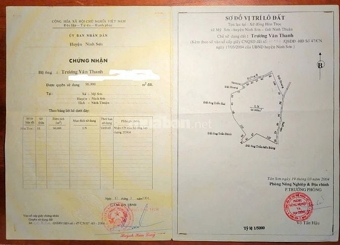 CẦN BÁN ĐẤT DIỆN TÍCH LỚN TẠI MỸ SƠN,NINH SƠN,NINH THUẬN (KHÁNH HÒA)C