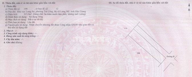 Bán 525m2 ODT tại phường Trà Lồng, thị xã Long Mỹ, tỉnh Hậu Giang 