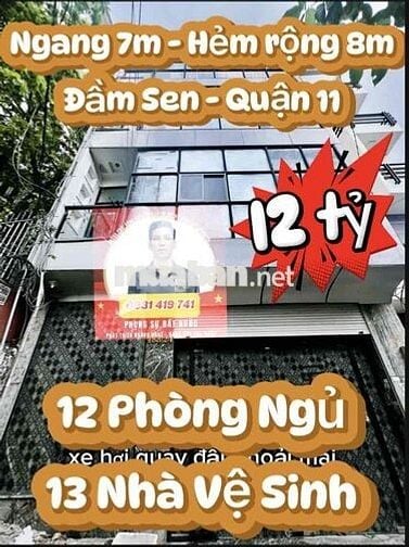 🏡 BÁN NHÀ NGANG 7M – HẺM XE HƠI 8M – 12 PHÒNG NGỦ - GẦN ĐẦM SEN