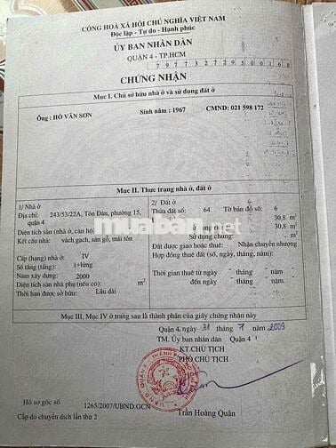 CHÍNH CHỦ, Nhà hẻm 243 Tôn Đản 52m2