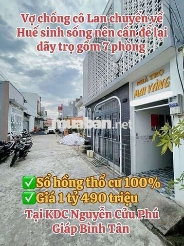 Vợ chồng cô Lan cần bán nhanh dãy trọ 7 phòng cách KCN Tân Tạo 10 phút