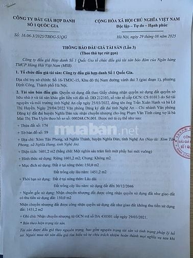 CÔNG TY ĐẤU GIÁ HỢP DANH SỐ 1 QUỐC GIA THÔNG BÁO BÁN ĐẤU GIÁ TÀI SẢN