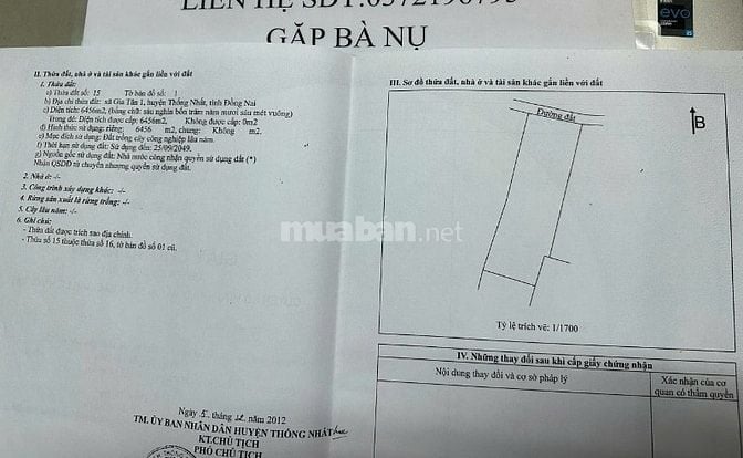 ĐẤT VƯỜN CHÍNH CHỦ sổ đỏ 6.456m2 cạnh HỒ TRỊ AN - đường nhựa xe hơi
