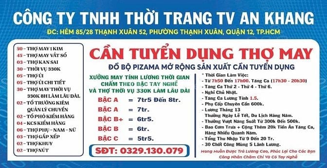 CÔNG TY TNHH THỜI TRANG TV AN KHANG CẦN TUYỂN DỤNG THỢ MAY