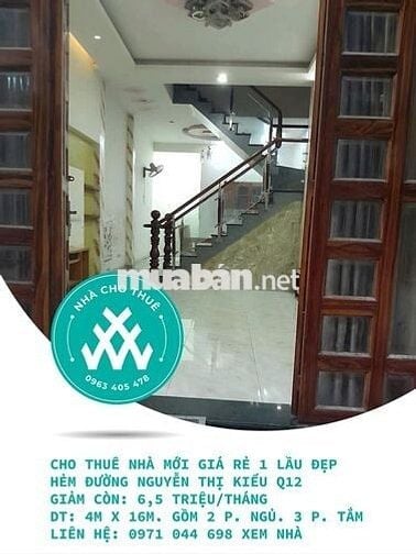 Cho thuê nhà mới đẹp giá rẻ hẻm nguyễn thị kiểu p. tân thới hiệp q12